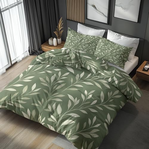 Sage Green Leaf Duvet Cover Queen Size, Leaves Pattern Bedding Set