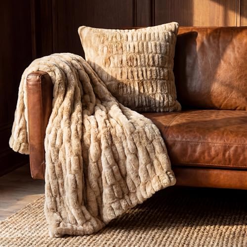 HiEnd Accents Ruched Rabbit Double-Sided Cream Oversized Throw, 50x80