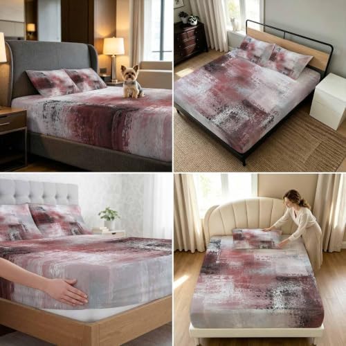 Queen Fitted Sheet Deep Pocket, Red Gray Graffiti Texture Soft