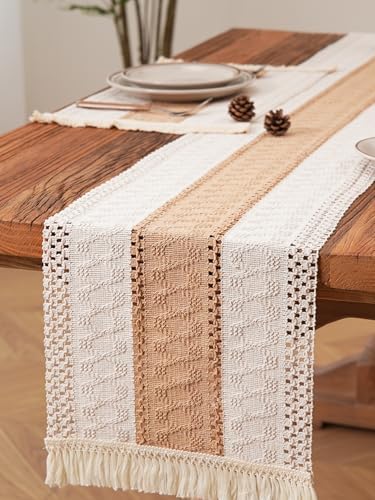 Boho Table Runner with Tassels 108 Inches Long Farmhouse Rustic Cream
