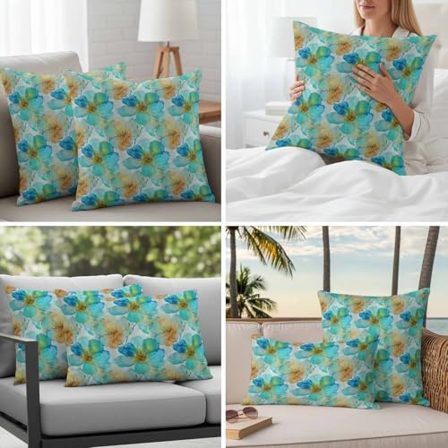 Teal Flower Pillow Covers Set of 4, Retro Abstract Watercolor Green