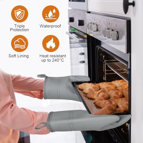 AUAUY Oven Mitts with 2 Potholders, Silicone Oven Gloves, Grey
