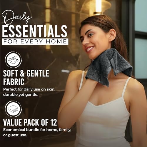RIVERSIDE 12 Pack Washcloths Set, 12x12 inches, Gray