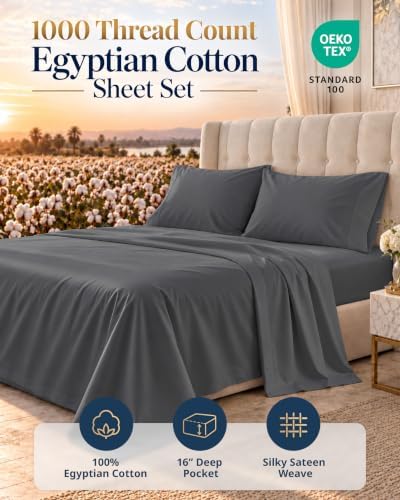 LANE LINEN King Size Sheets 100% Egyptian Cotton Sateen - Charcoal