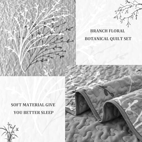 DJY Grey Quilt Set King Size - Branch Botanical Bedspread Coverlet Set