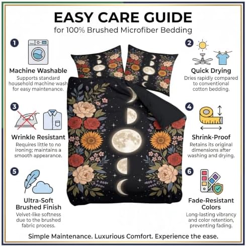King Duvet Cover Set Soft Microfiber Starry Sky Flowers