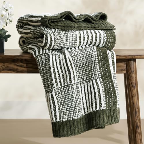 Amélie Home Checkered Knit Throw Blanket for Couch, Olive Green