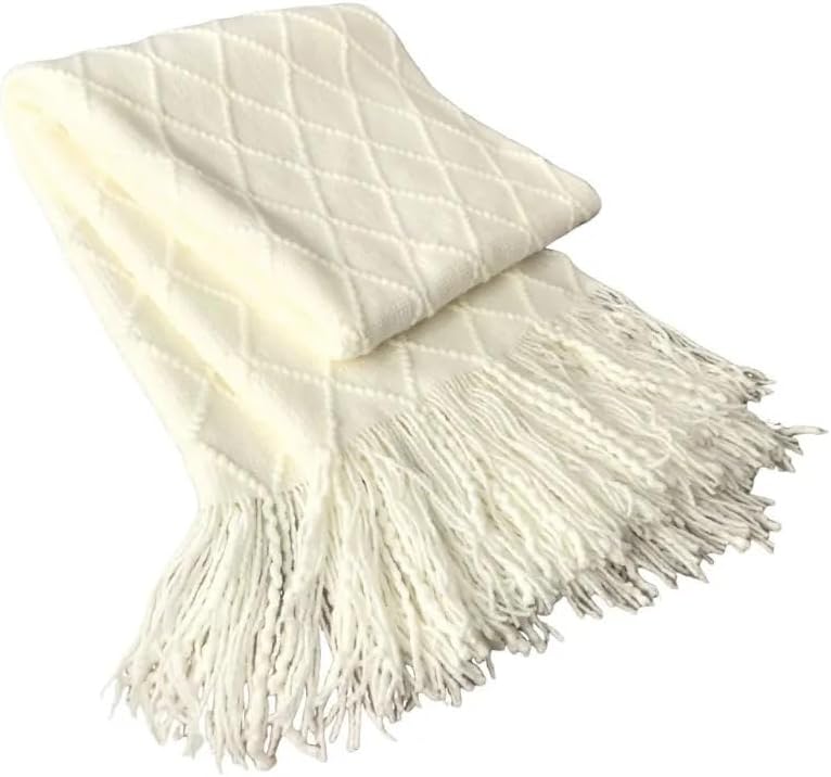 50×70in Cotton Throw Blanket Diamond Knit Fringe All Season Home,White