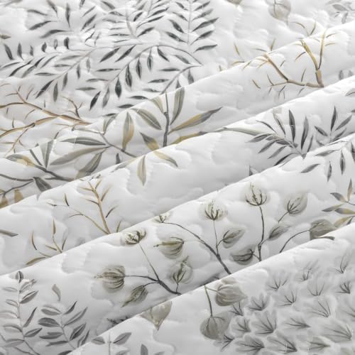 WONGS BEDDING Floral Quilt Set King, 3 Pcs White Grey Bedspread