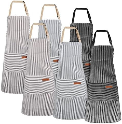 6 Pcs Kitchen Cooking Aprons with Pockets Adjustable Stripes Bib Soft