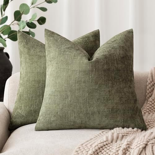 Foindtower Solid Textured Chenille Throw Pillow Covers 22x22,Olive