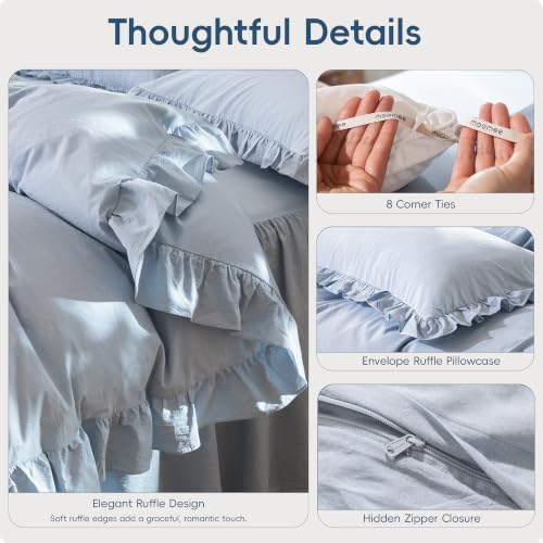 MooMee Ruffle Duvet Cover Set 100% Washed Cotton Queen