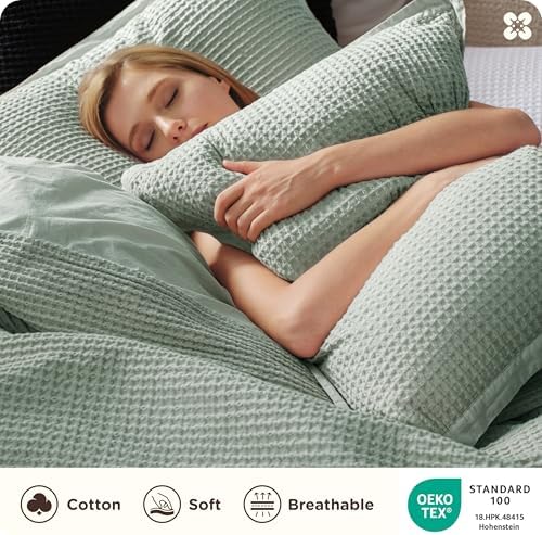 Bedsure Cotton Duvet Cover Queen - 100% Cotton Waffle Weave Sage Green