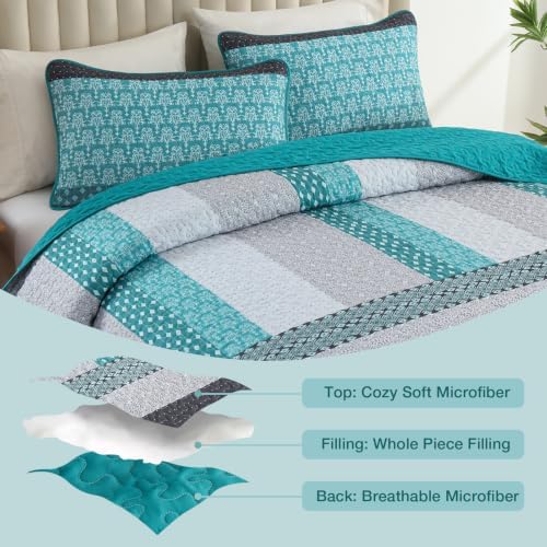 WONGS BEDDING Teal Blue Queen Size Quilt Set, Boho Striped Bedspread