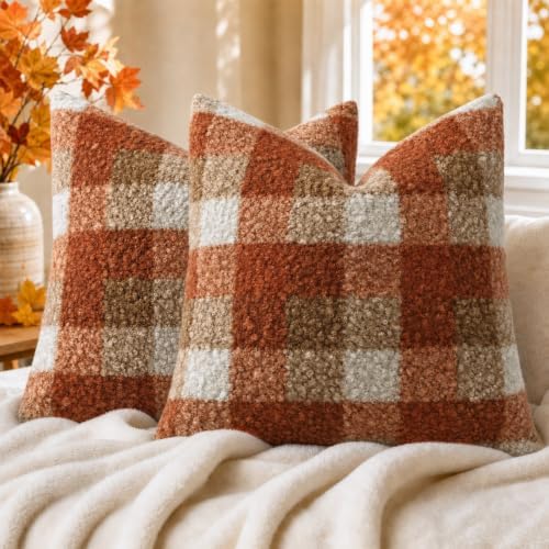 decorUhome Faux Fur Plaid Throw Pillow Covers 22X22 Set of 2 Burnt