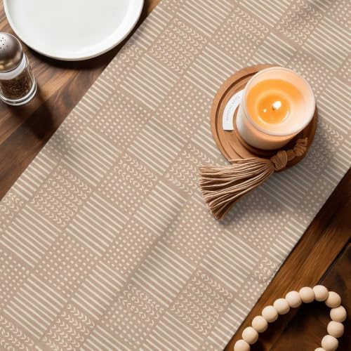 Beige Gingham Table Runner 108 inches Long Country Vintage Minimalist