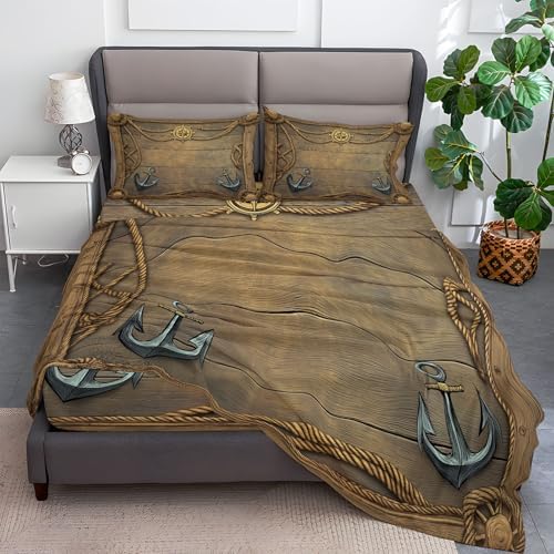 Fitted Sheet 3 Pieces Twin XL Size Retro Boat Hook Wood GrainBrown