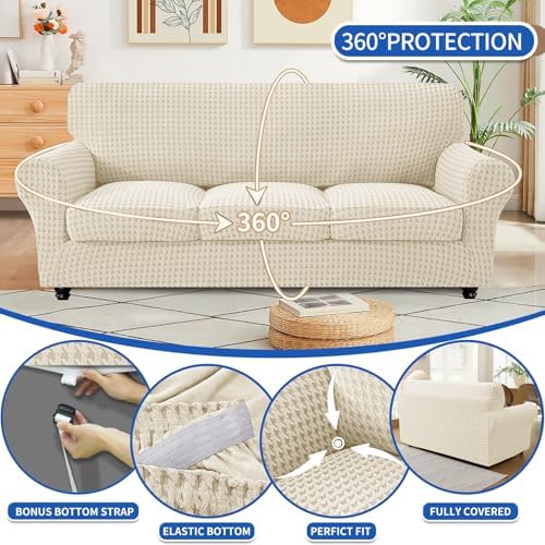 MAXIJIN 4 Pieces Stretch Couch Covers for 3 Cushion Sofa Pet Friendly