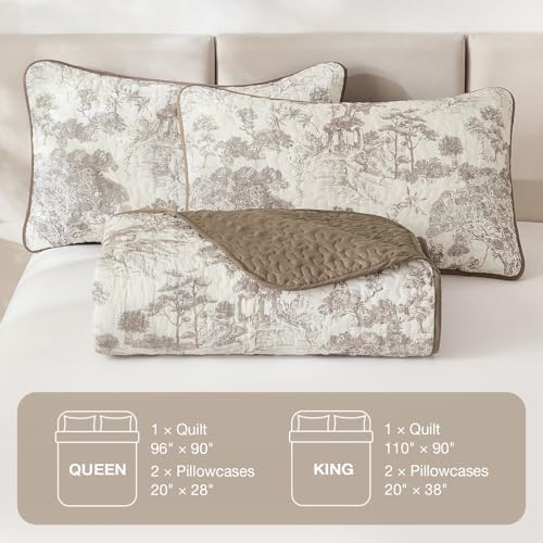 WONGS BEDDING Taupe Quilt Set Queen Size, Botanical Floral Bedspread