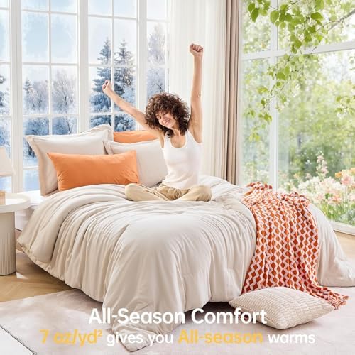 MUXHOMO Cal King Comforter Set, 3-Piece All-Season Bedding, Beige