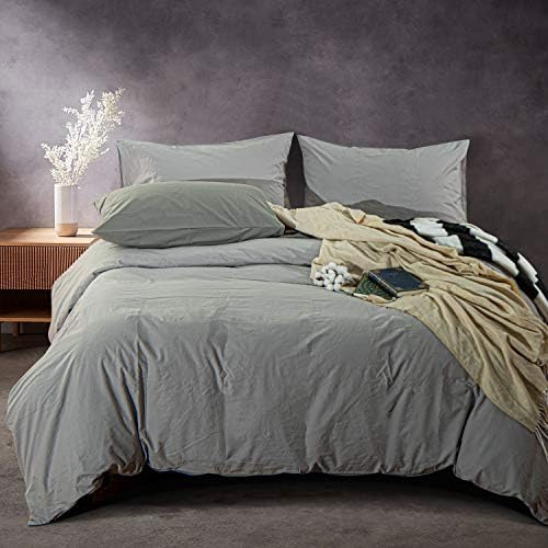 NTBAY King Ruffled Duvet Cover Set, Pieces Washed Cotton, Light Grey
