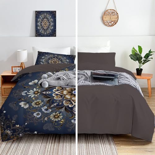Charcoal Gray Traditional Flower Datura King Duvet Cover Set
