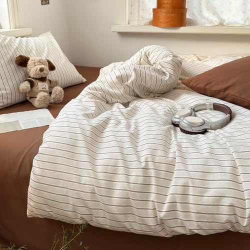 Vintage Striped Duvet Cover King, 3-Piece Beige & Brown Stripes