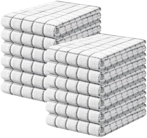 Homaxy Premium Kitchen Towels(16”x 28”, 12 Pack), Check Design, Grey