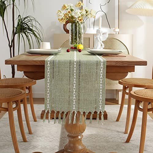 Wracra Rustic Linen Table Runner, Sage Green Table Runners 90 inches