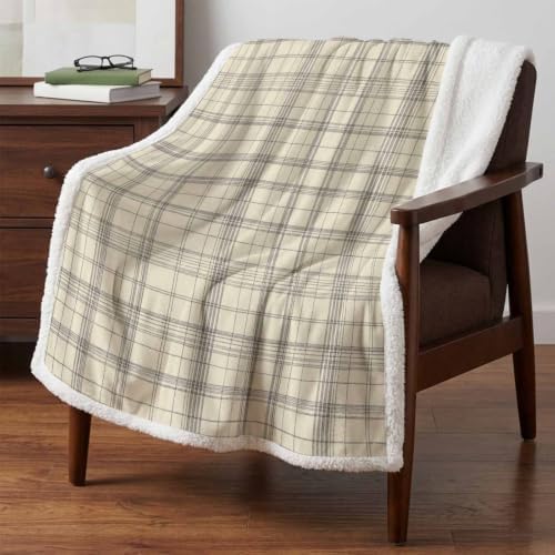 Beige Grid Gingham Sherpa Fleece Blanket Abstract Modern Minimalist