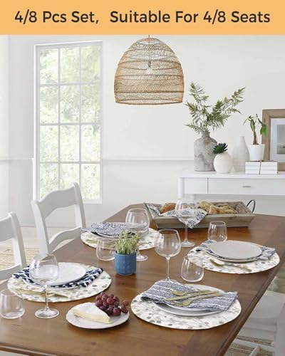 Gray Botanical Round Placemats Set of 8 Farmhouse Spring Summer Floral