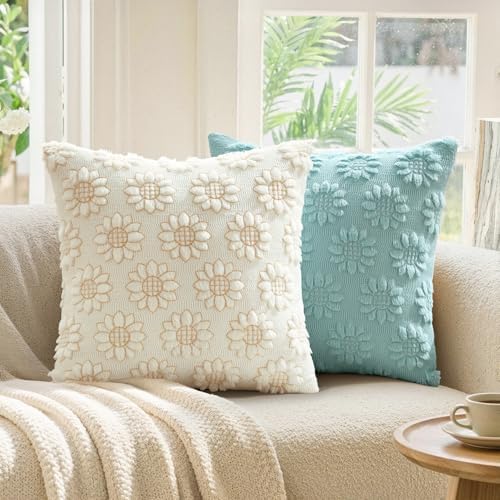 EMEMA Cream Floral Tufted Throw Pillow Covers, Set of 2 Soft Textured