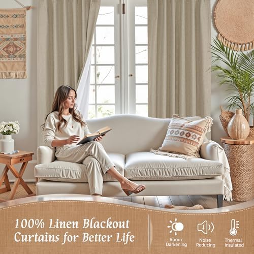 LAMIT Taupe 100% Blackout Linen Curtains 72 Inches for Living Room