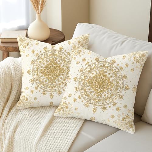 Bohemian Throw Pillow Covers Set of 2, Cream and Gold Floral Mandala