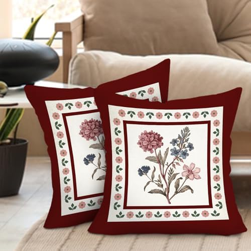 Vintage Floral Decorative Throw Pillow Covers 18 x 18 Set of 2, Retro
