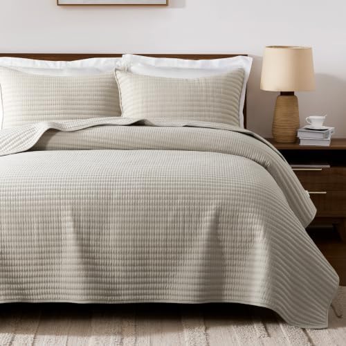 palassio King Quilt Bedding Set Channel Pick Stitch Striped Beige