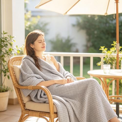 Cotton Blanket Queen Size for Summer Waffle Weave Thin Lightweight