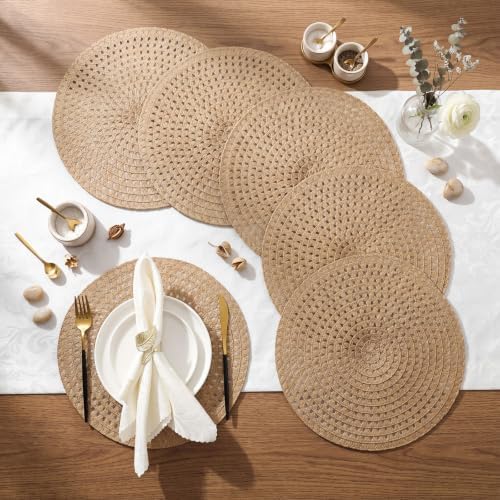 24 Pcs 13 in Round Woven Placemats Boho Charger,Khaki,Natural