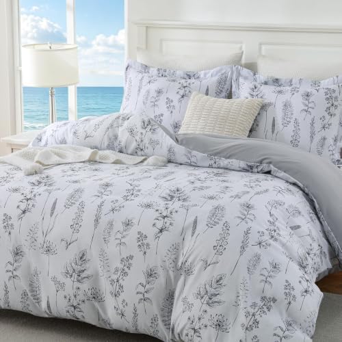 JOLLYVOGUE Floral Duvet Cover King, 3Pcs Reversible Grey Duvet Cover