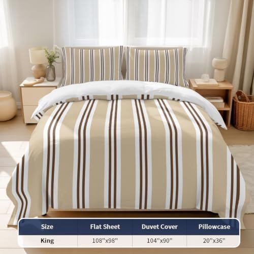 Sand Beige Stripes King 4 Piece Duvet Cover Set, Brown White Khaki