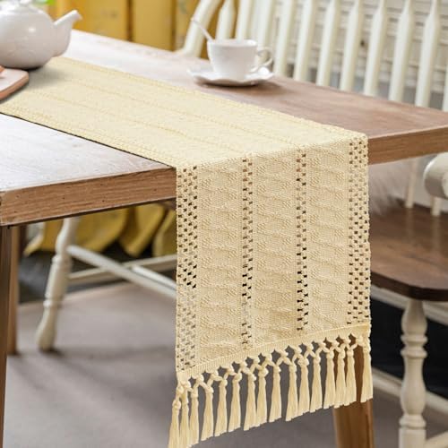 OTOSTAR Boho Table Runner Beige Macrame Table Runners with Tassels