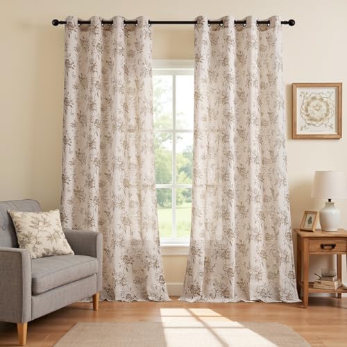 Vintage Linen Curtains with Silver Thread Brown Floral, 52x95 Inch 2