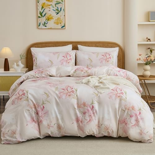 100% Cotton Duvet Cover Queen Size – Elegant Blush Lily Pink Floral