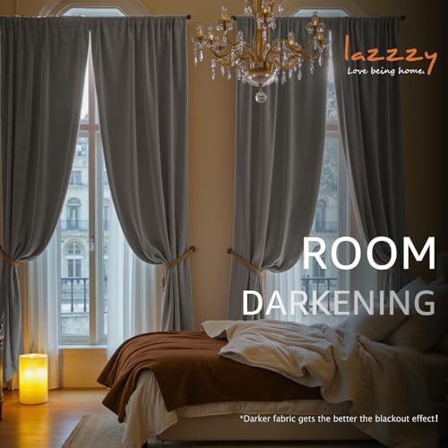Lazzzy Velvet Curtains Grey Thermal Insulated Drapes for Bedroom