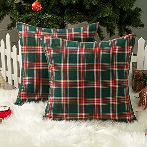 AQOTHES Christmas Plaid Decorative Throw Pillow Covers Green Red 22x22