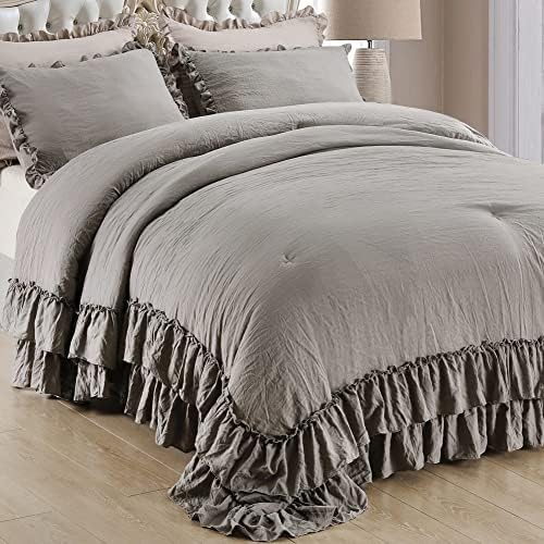 Masaca Gray Ruffled Comforter Set King,Farmhouse Shabby Boho Chic