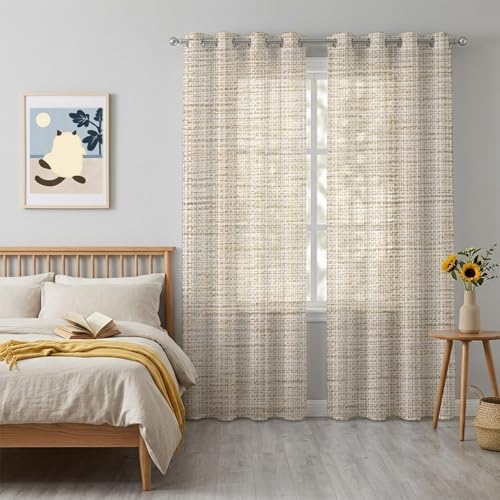 Brown Sheer Curtains 96 Inch Long 2 Panels, Linen Texture Modern