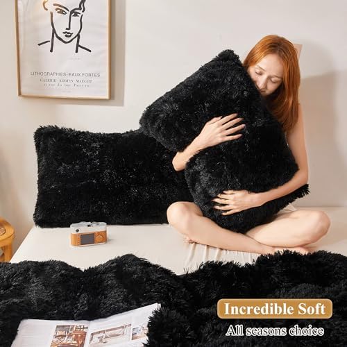 XeGe Fluffy Faux Fur Throw Pillow Covers, 18"x18", Set of 2, Black