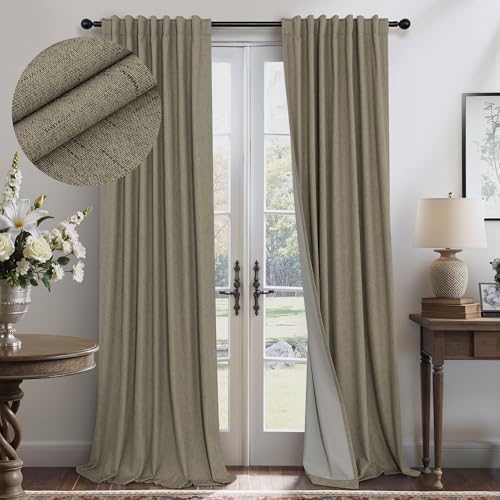Pitalk 100% Blackout Dark Taupe Linen Textured Curtains and Natural