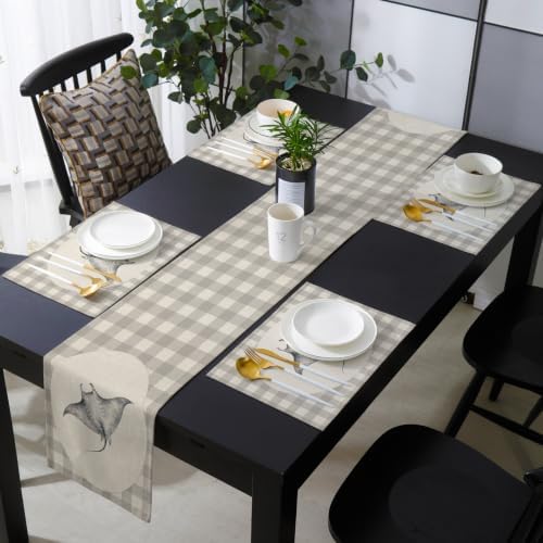 Sea Ray Table Runner and Placemats Set of 6 Beige Plaid Cotton Linen